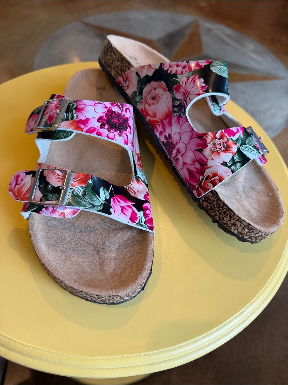 just be Floral Double-Buckle Cork Sandal - Black and Pink